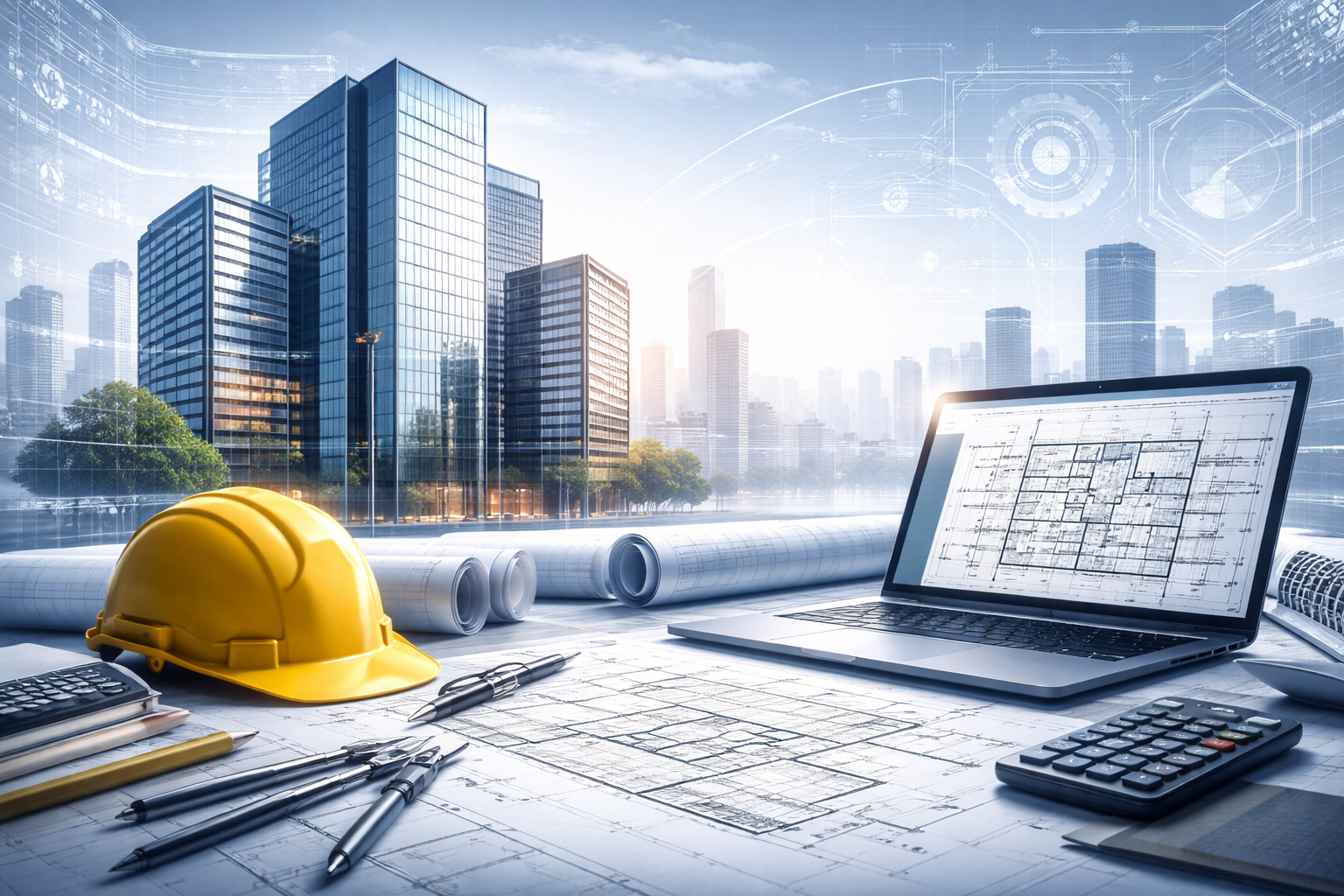 A premium architectural and engineering banner image showing a professional mix of planning, design, and technical workflow.